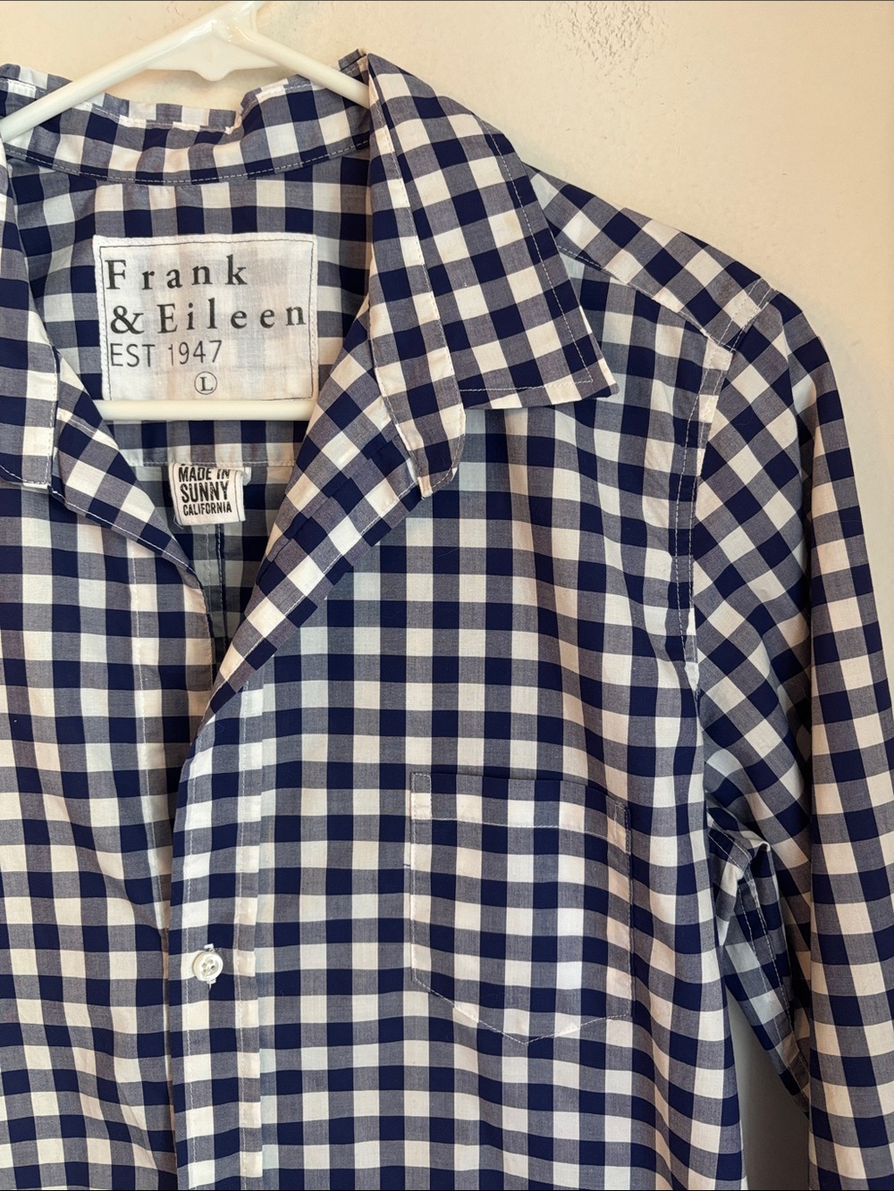 Frank & Eileen Barry Navy and White Gingham Button-Down 100% cotton Shirt LG EUC - Picture 4 of 10